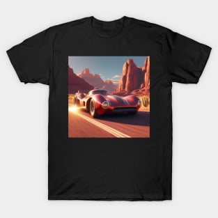 A Retro-Futuristic Racing Car Travelling Through The Arizona Desert At Dusk. T-Shirt